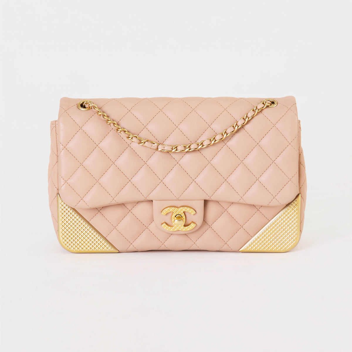 Chanel Classic Flap Medium Beige Lambskin  Gold‑Tone Grid‑Textured Corner Guards Double Flap