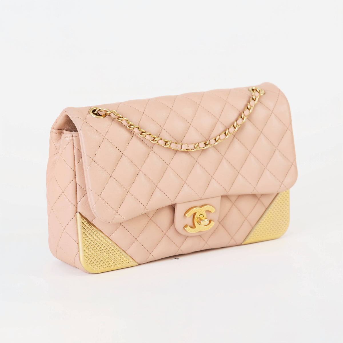 Chanel Classic Flap Medium Beige Lambskin  Gold‑Tone Grid‑Textured Corner Guards Double Flap