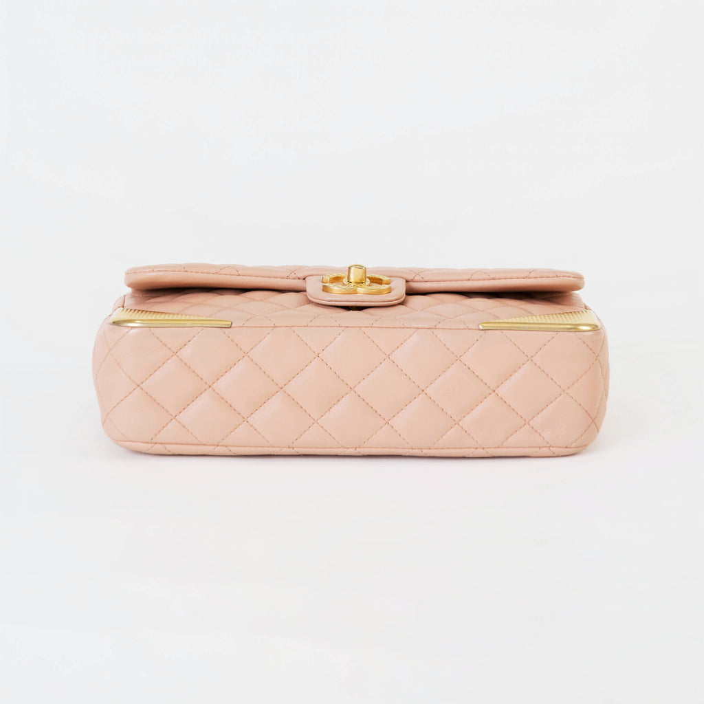 Chanel Classic Flap Medium Beige Lambskin  Gold‑Tone Grid‑Textured Corner Guards Double Flap