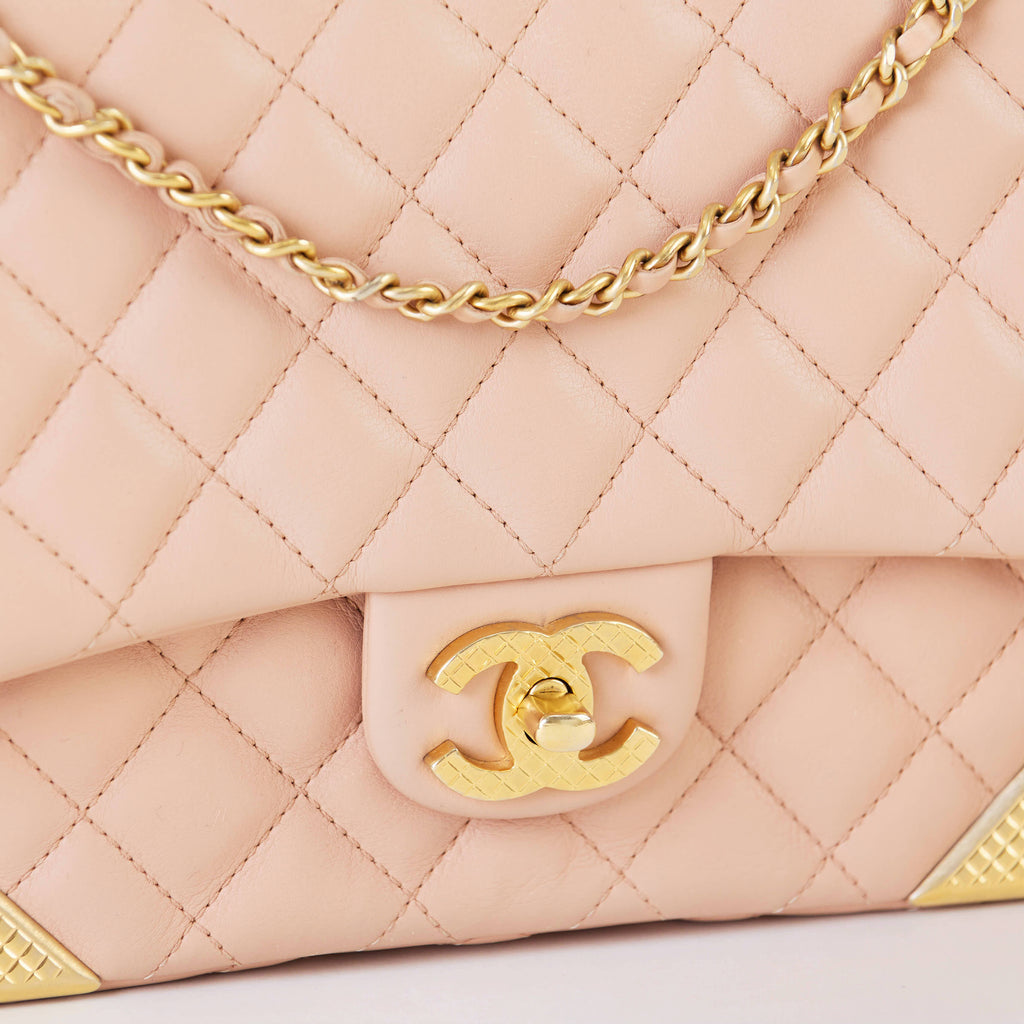 Chanel Classic Flap Medium Beige Lambskin  Gold‑Tone Grid‑Textured Corner Guards Double Flap