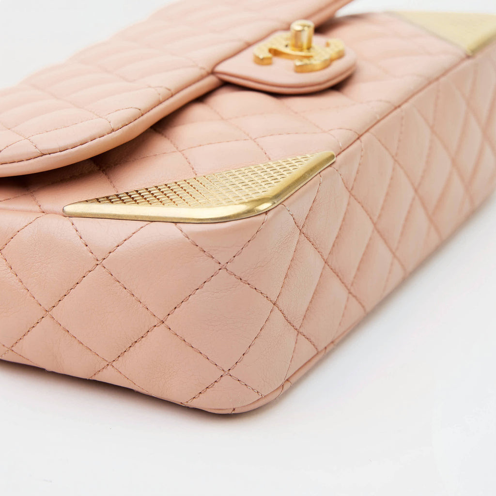 Chanel Classic Flap Medium Beige Lambskin  Gold‑Tone Grid‑Textured Corner Guards Double Flap