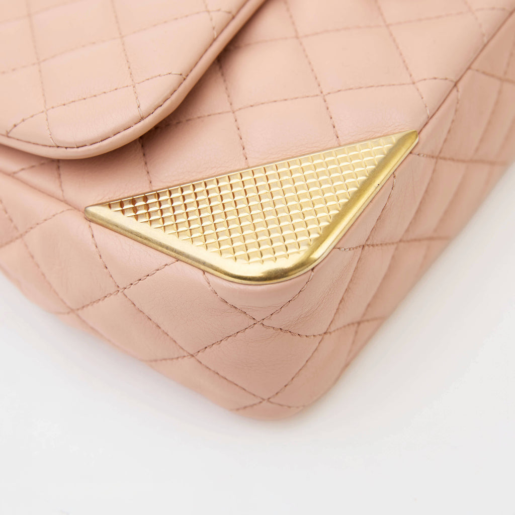 Chanel Classic Flap Medium Beige Lambskin  Gold‑Tone Grid‑Textured Corner Guards Double Flap